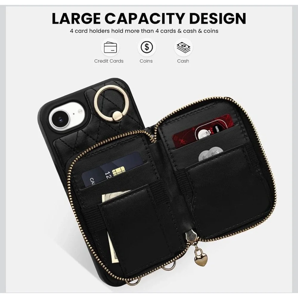NEW Keallce iPhone 16e 17e Wallet Case 6.1 Quilted Crossbody Wristlet Black RFID